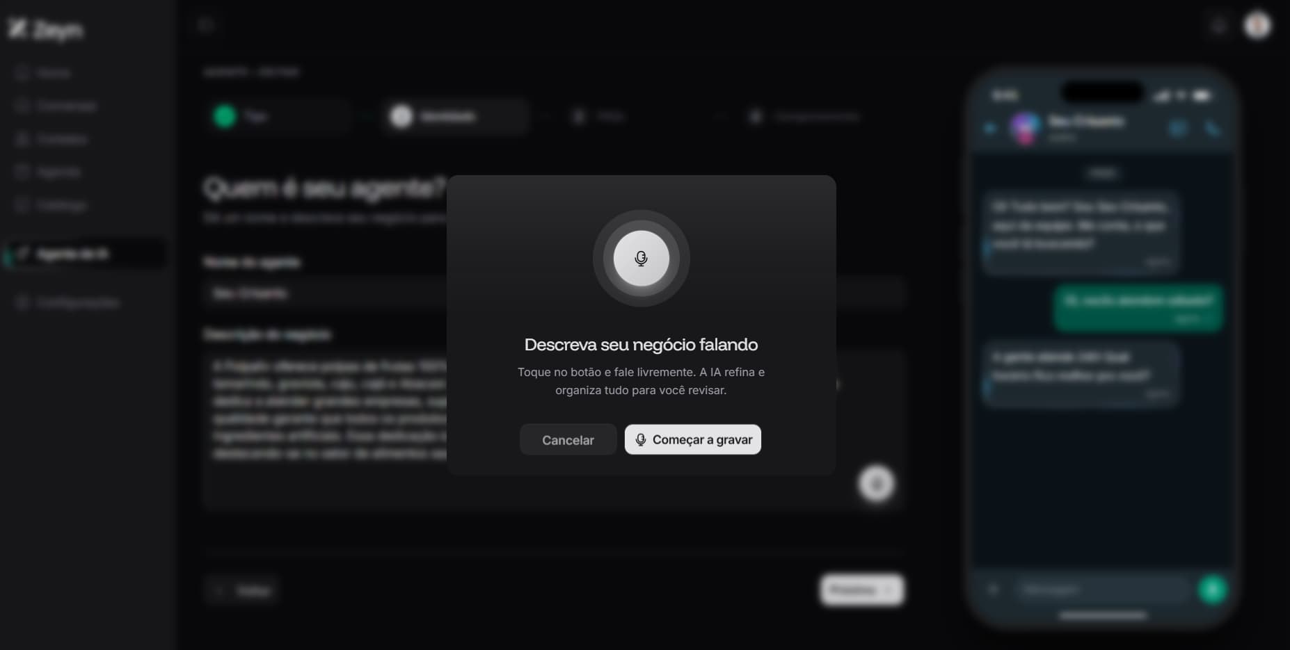 Tela de gravação de descrição do negócio por voz